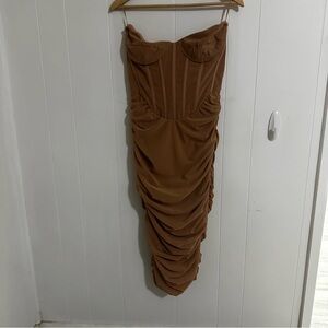 Bardot Brown Ruched Strapless Bodycon Dress